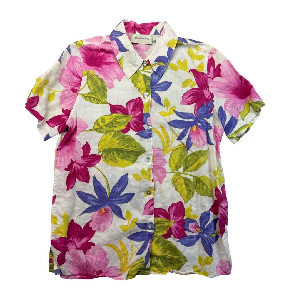 Lemon Grass Shirt Women's Small Colorful Short Sleeve Linen Short Sleeve Floral